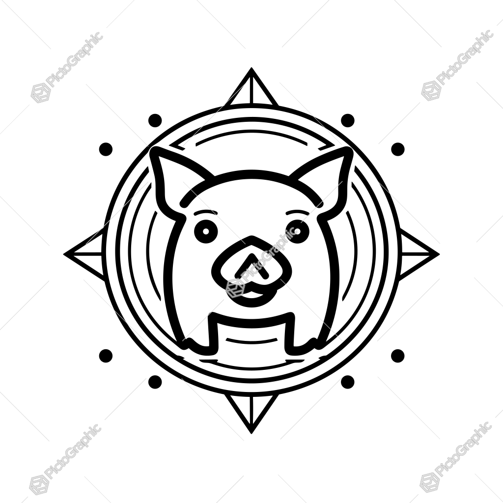 The image is a monochrome line-art design of a pig inside a geometric pattern.