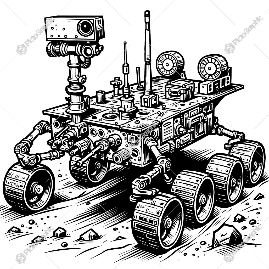 A detailed drawing of a six-wheeled robotic explorer rover, possibly designed for a planetary mission.