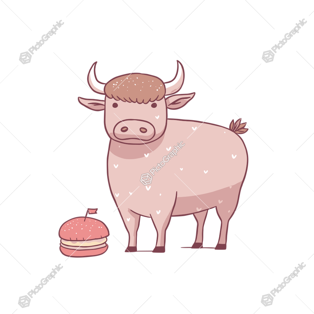 A cartoon cow stands next to a hamburger.