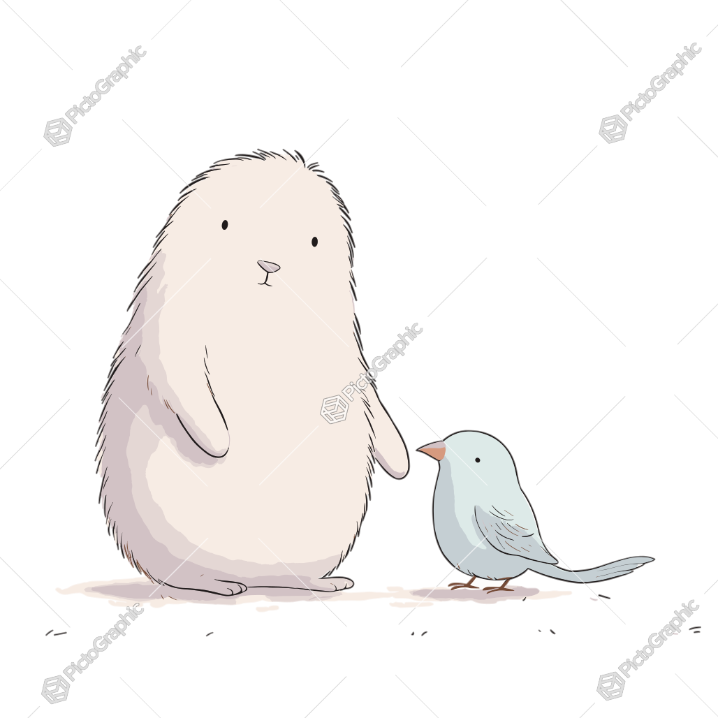 A cartoon of a chubby, fluffy creature standing next to a small bird.