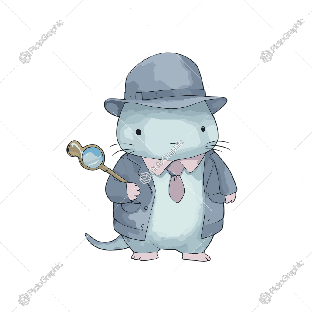 An illustrated mouse detective wearing a hat and coat and holding a magnifying glass.