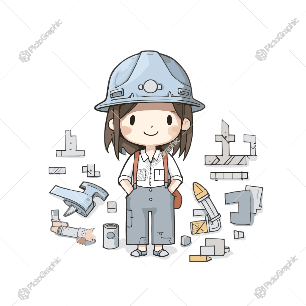 Stylized female construction worker surrounded by construction materials and tools.