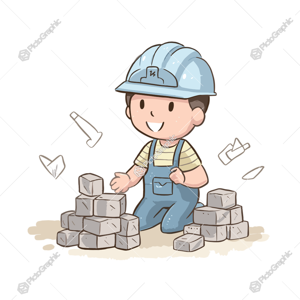 A cartoon child playing construction worker with bricks and paper planes.