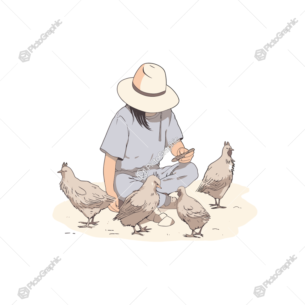 The image is an illustration of a person feeding chickens.