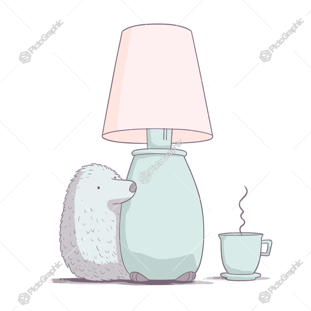 The image contains a cartoon hedgehog, a lamp, and a steaming cup.