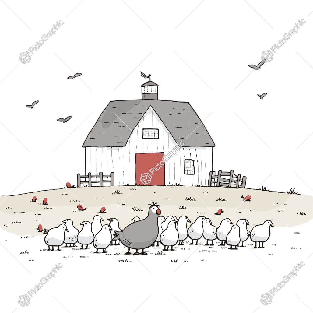 A cartoon scene with a large grey bird among white chickens, with a barn and flying birds in the background.