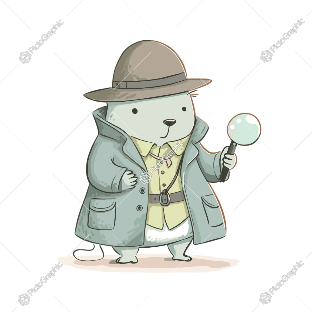 This is an illustration of an otter dressed as a detective, complete with a fedora, overcoat, and magnifying glass.