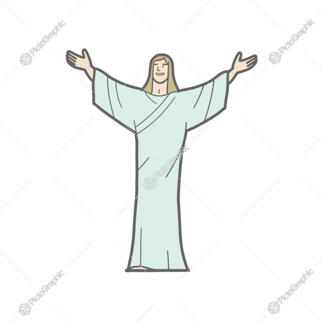 A stylized drawing of a person in a blue robe with arms outstretched.