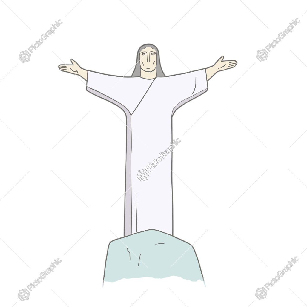 A simple drawing of a statue with outstretched arms on a hill.