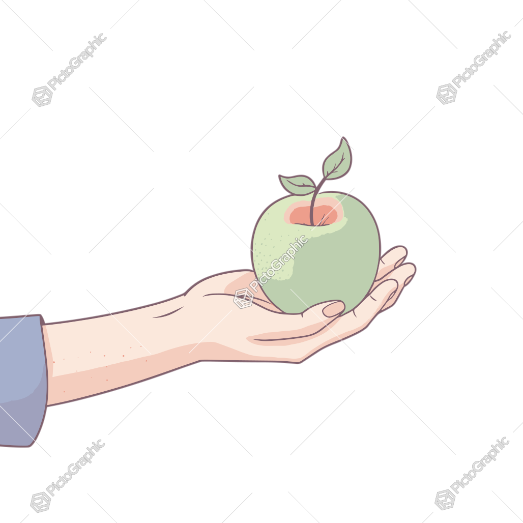 A hand holding a green apple with a leafy stem.