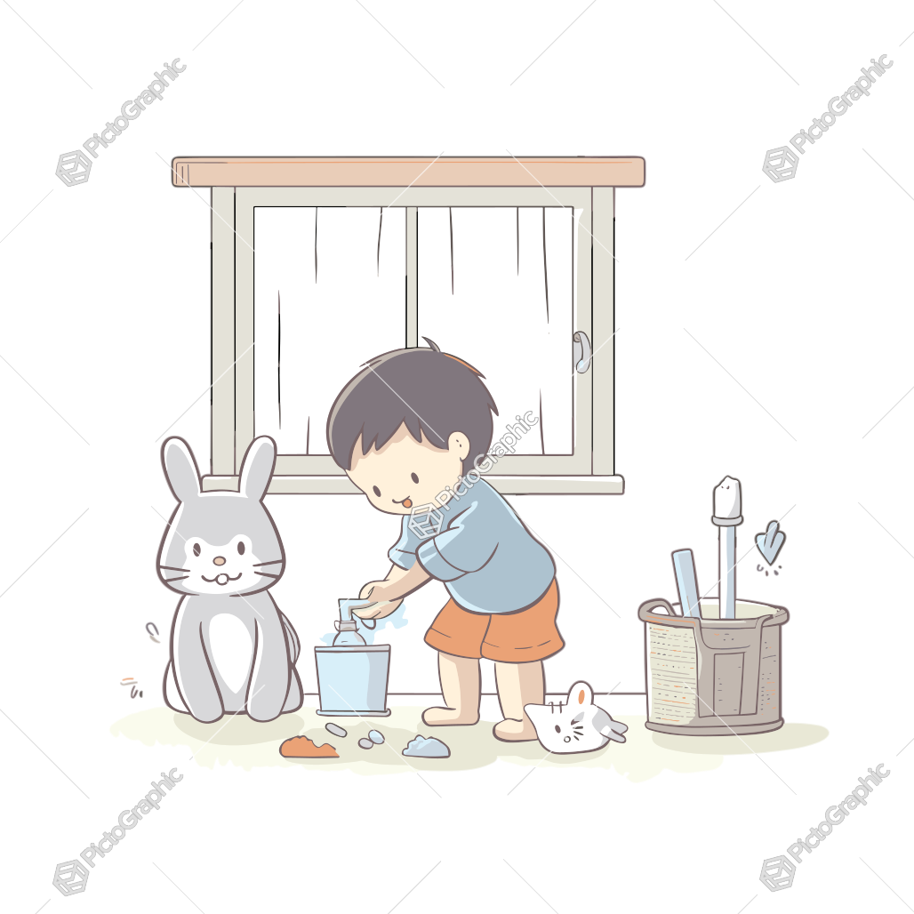 A child cleaning with a rabbit watching beside a window.