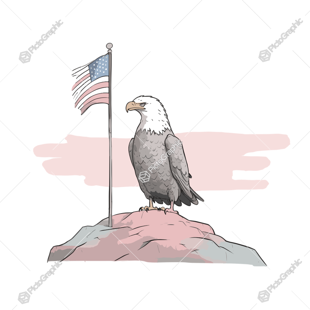 An illustration of a bald eagle and an American flag.