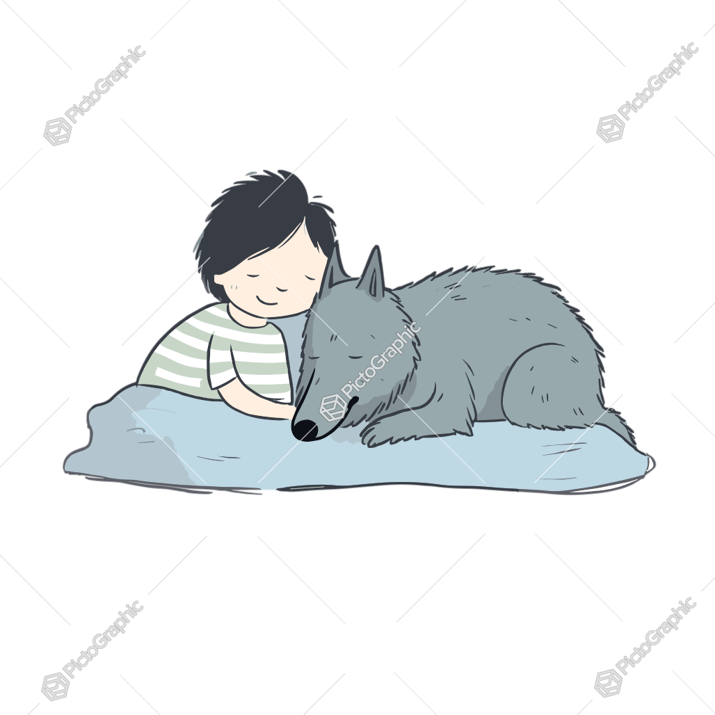 A child and a wolf cuddling.