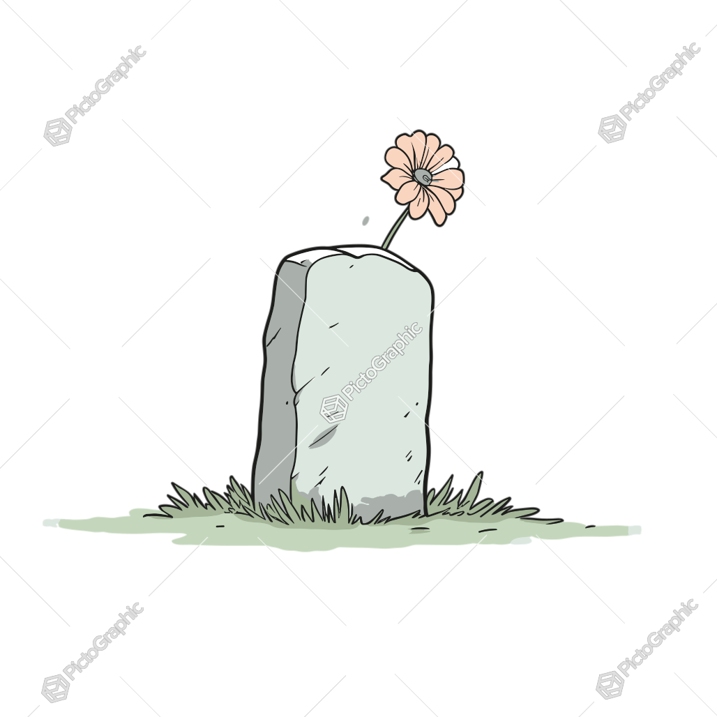 A tombstone with a flower growing on top.