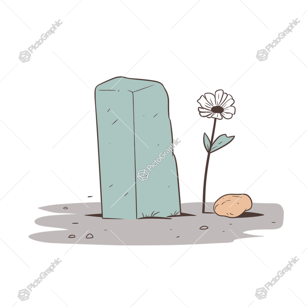 A minimalist illustration of a stone monument, a flower, and a small round object on the ground.