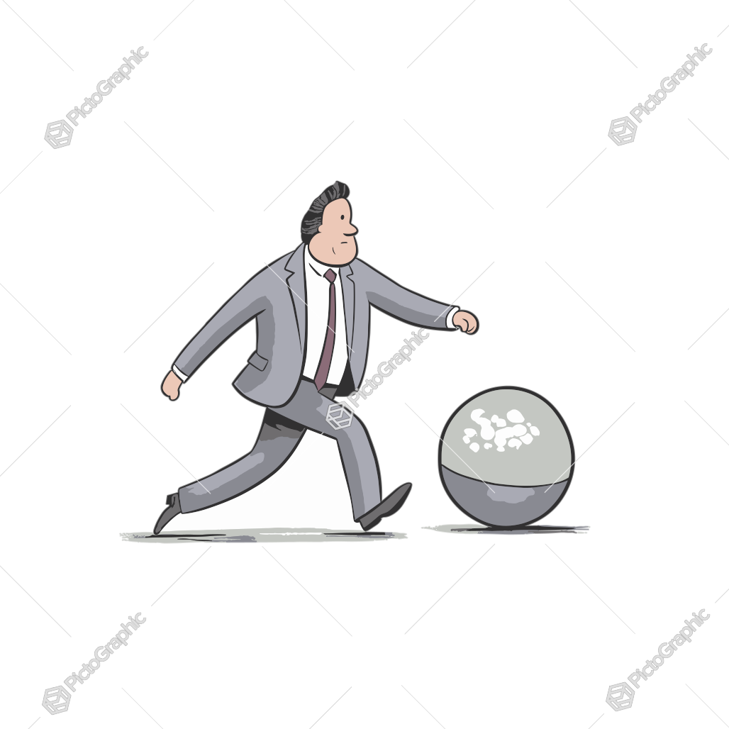 A man in a suit kicking a large golf ball.