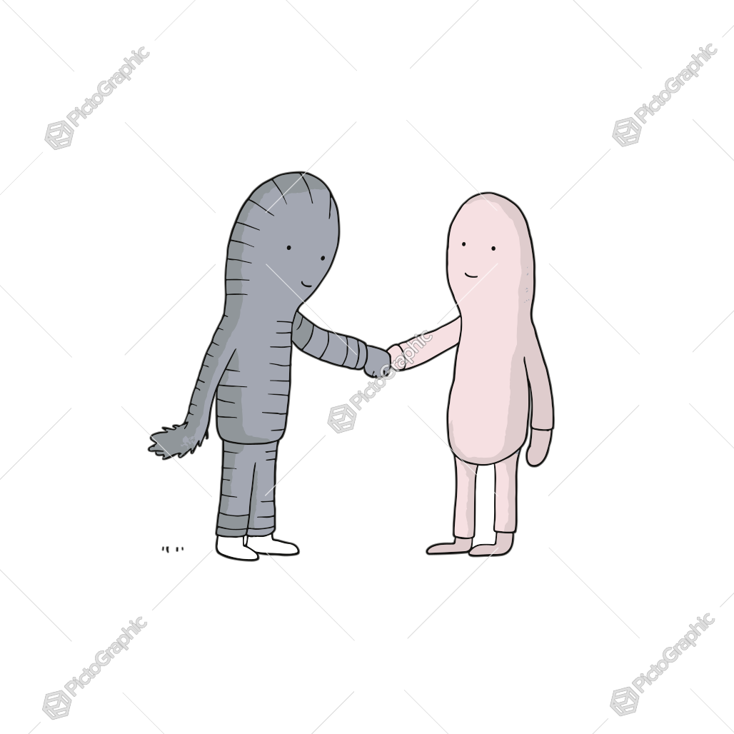 Two cartoon-like characters shaking hands.