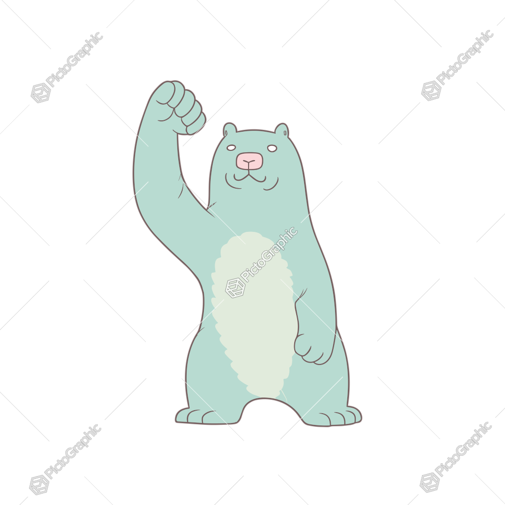 The image features a cartoon bear raising one arm.