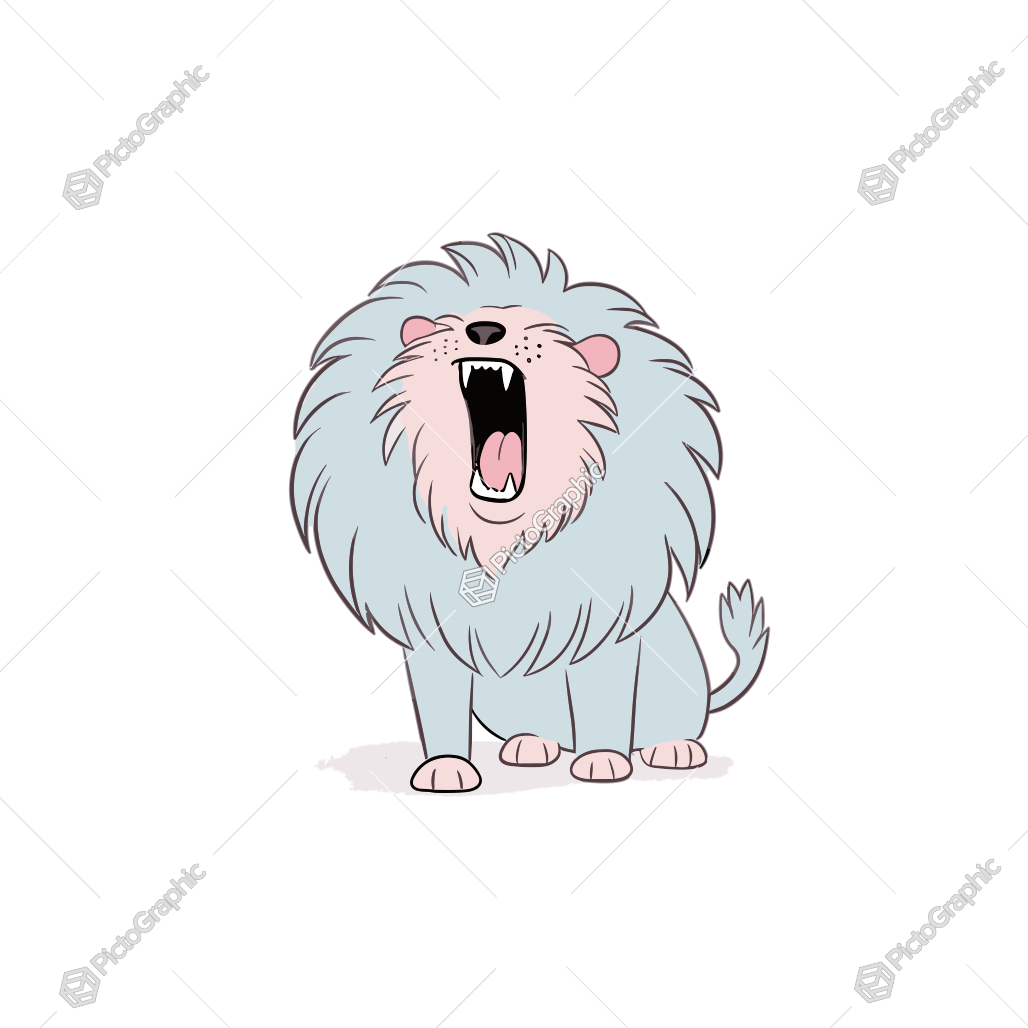 A cartoon lion with a blue fluffy mane is roaring or singing.