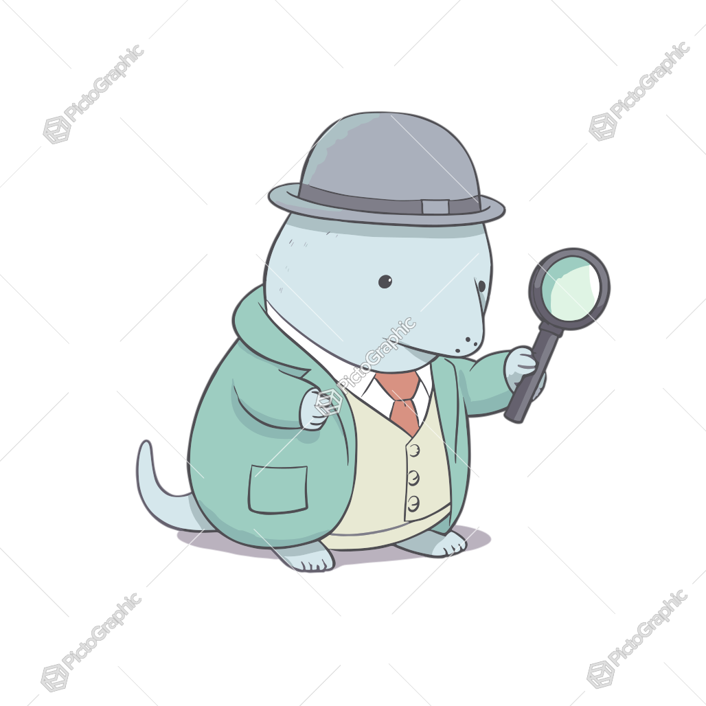 A cartoon detective animal dressed in traditional detective attire holding a magnifying glass.