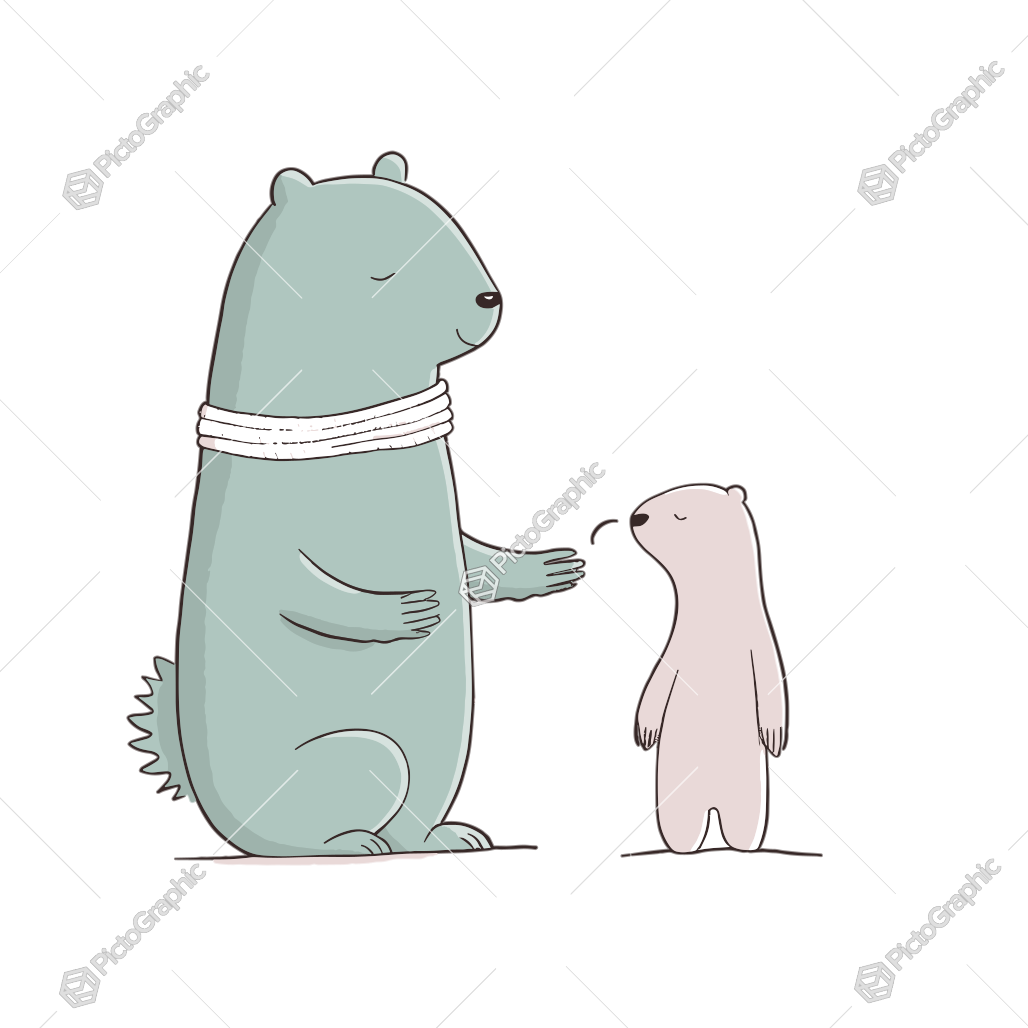 The image depicts two cartoon bears of differing sizes with the larger one appearing to offer comfort to the smaller one.