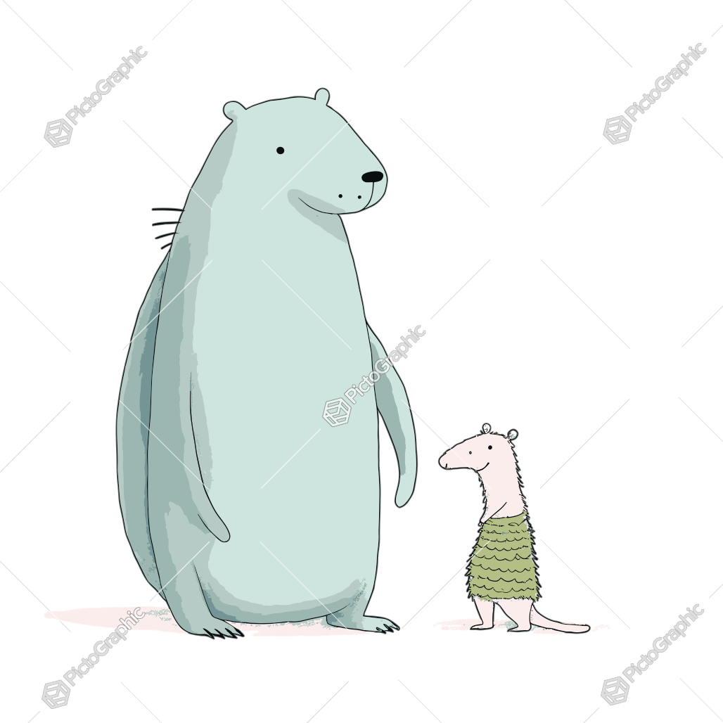 Illustration of a large bear and a smaller dressed anteater engaging with each other.