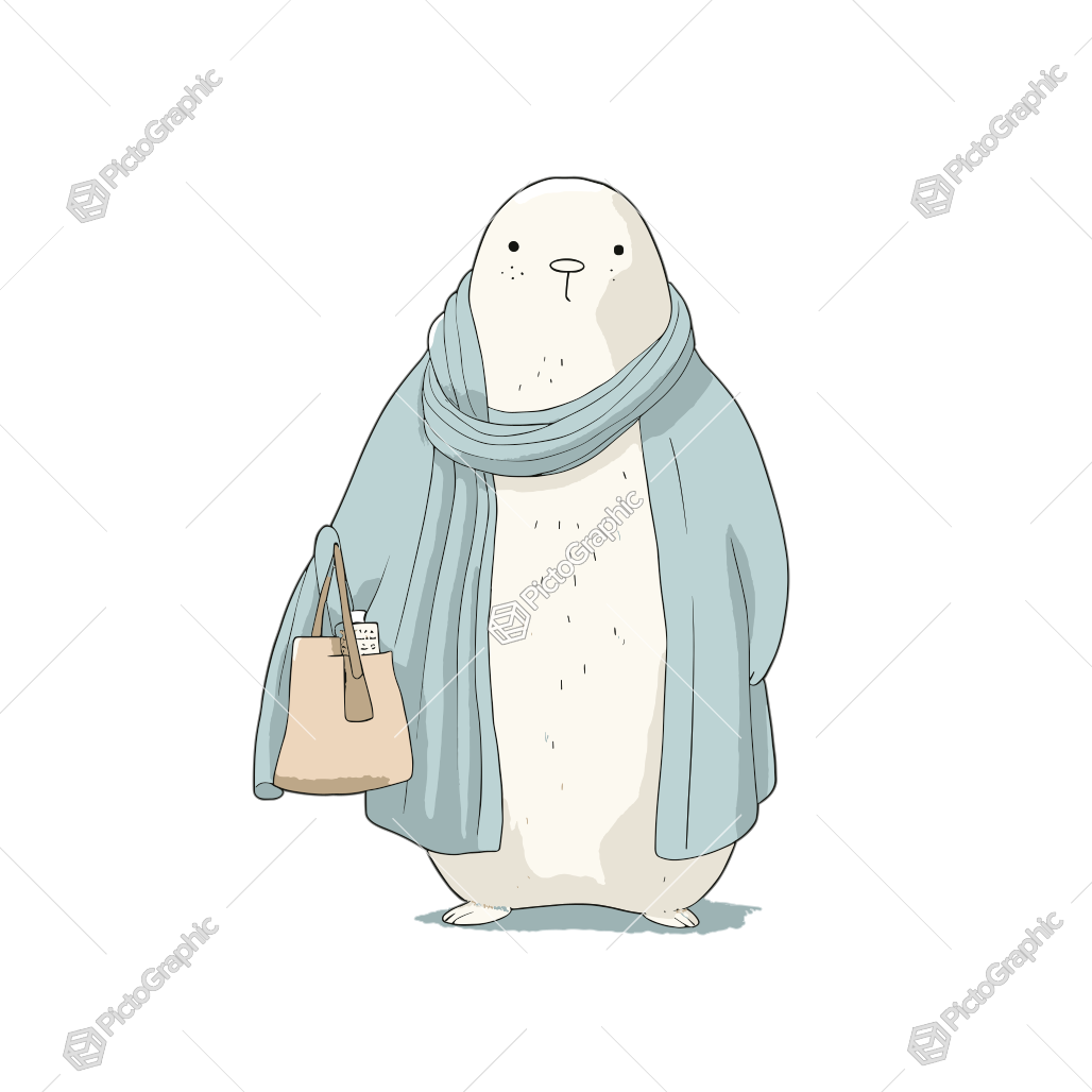 Illustration of an anthropomorphic seal wearing a scarf and carrying a handbag.