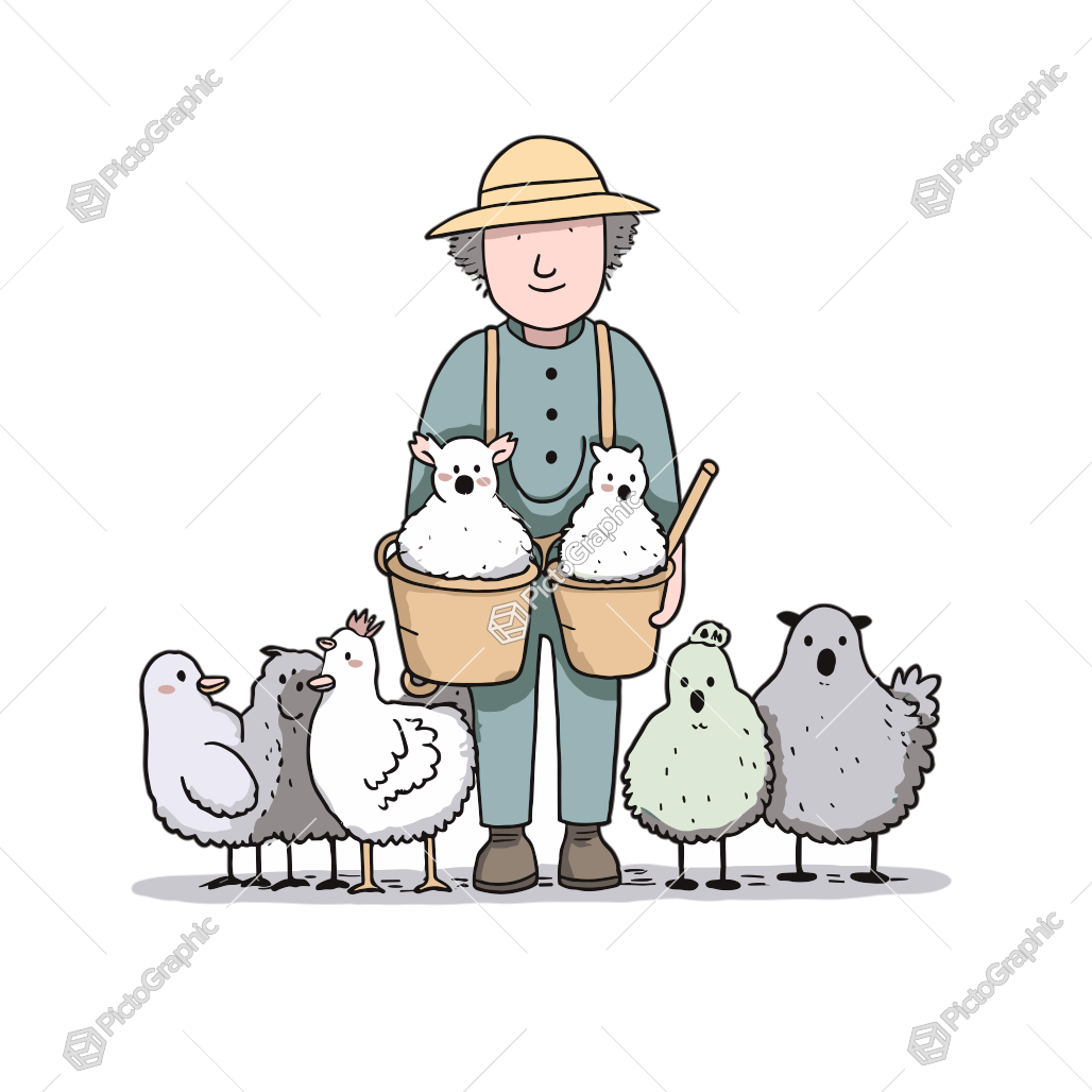 A farmer with sheep in baskets surrounded by chickens.