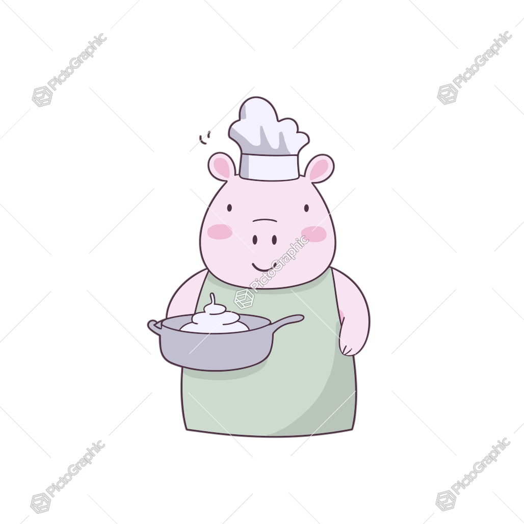 A cartoon pig dressed as a chef holding a saucepan with whipped cream.