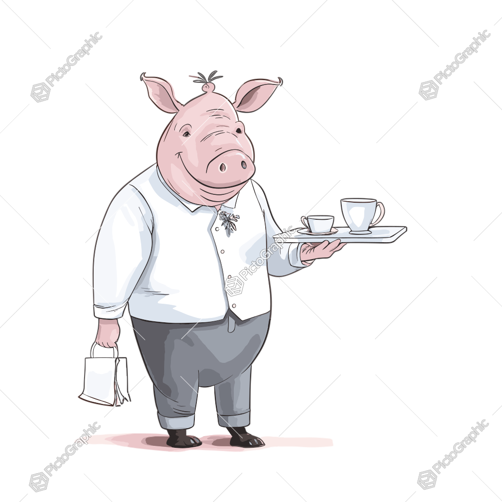 An anthropomorphic pig dressed as a waiter holding a tray with coffee cups.