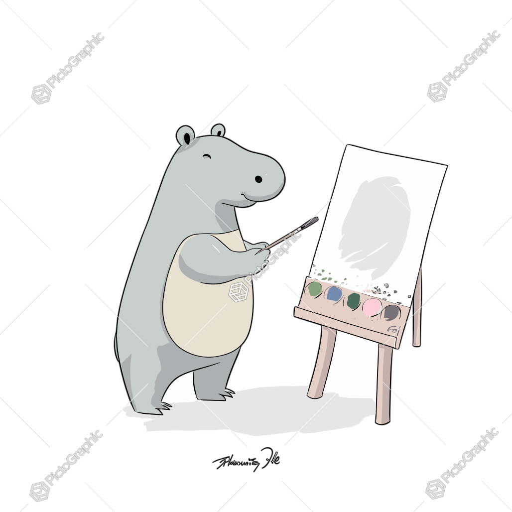 A cartoon hippopotamus painting on a canvas.