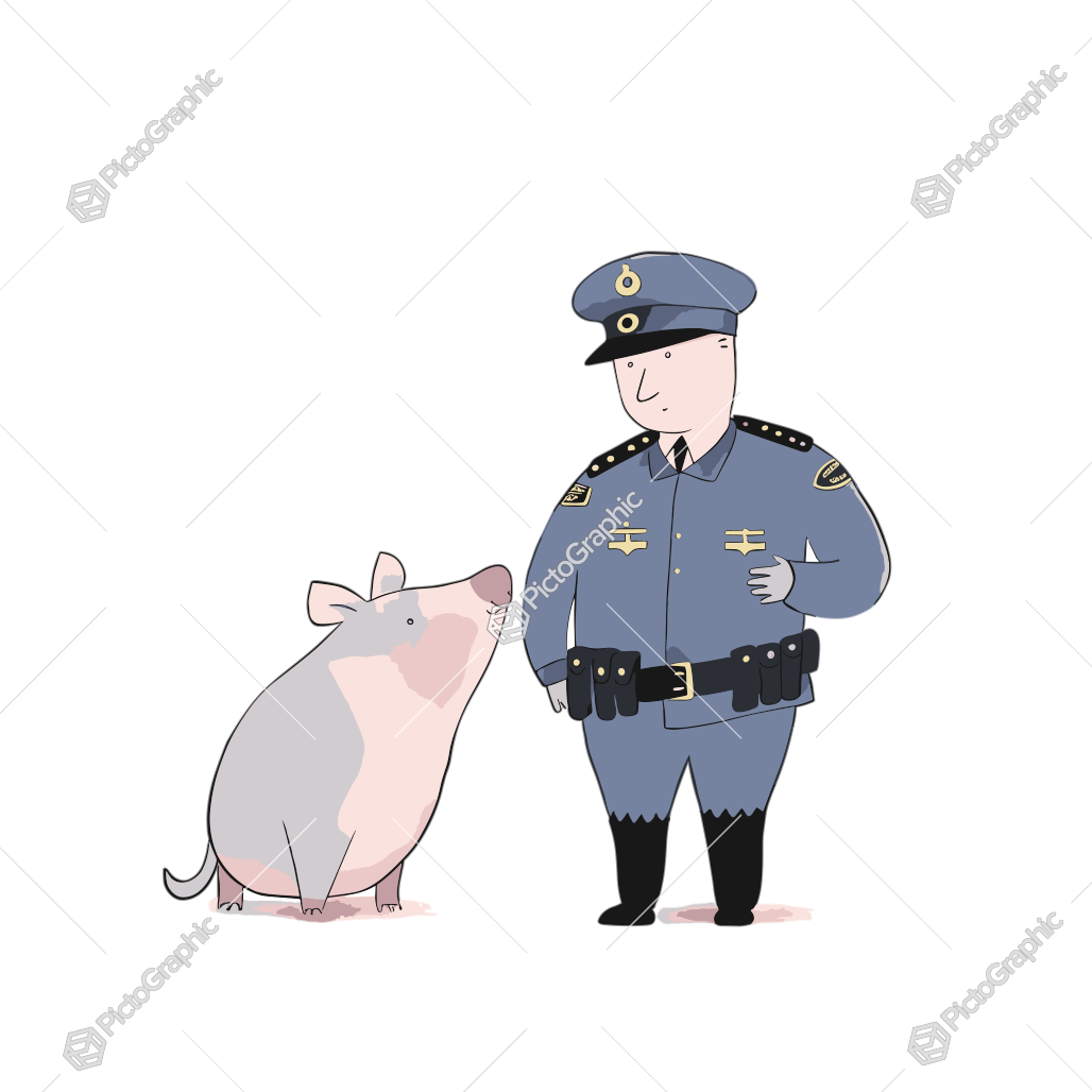 Illustration of a police officer and a pig.