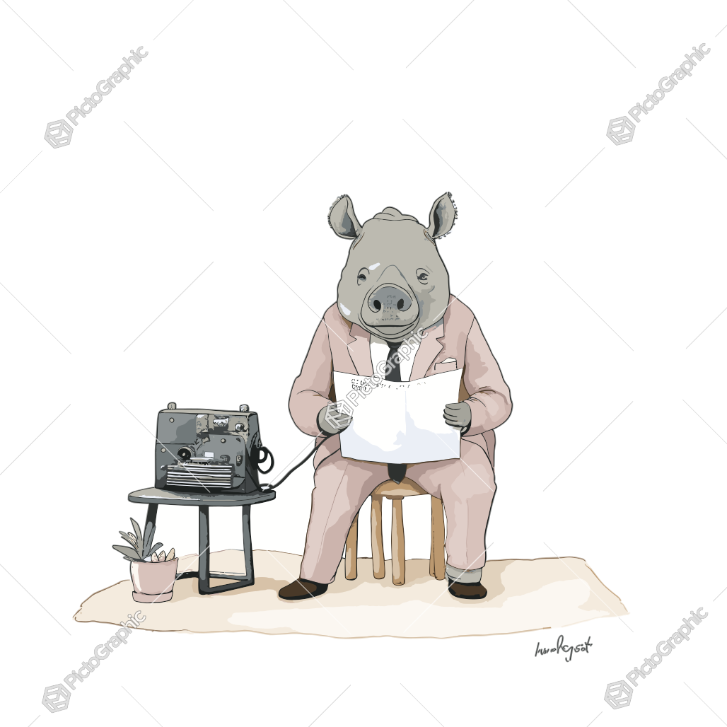 An anthropomorphic pig in business attire is reading a document beside a typewriter and a potted plant.
