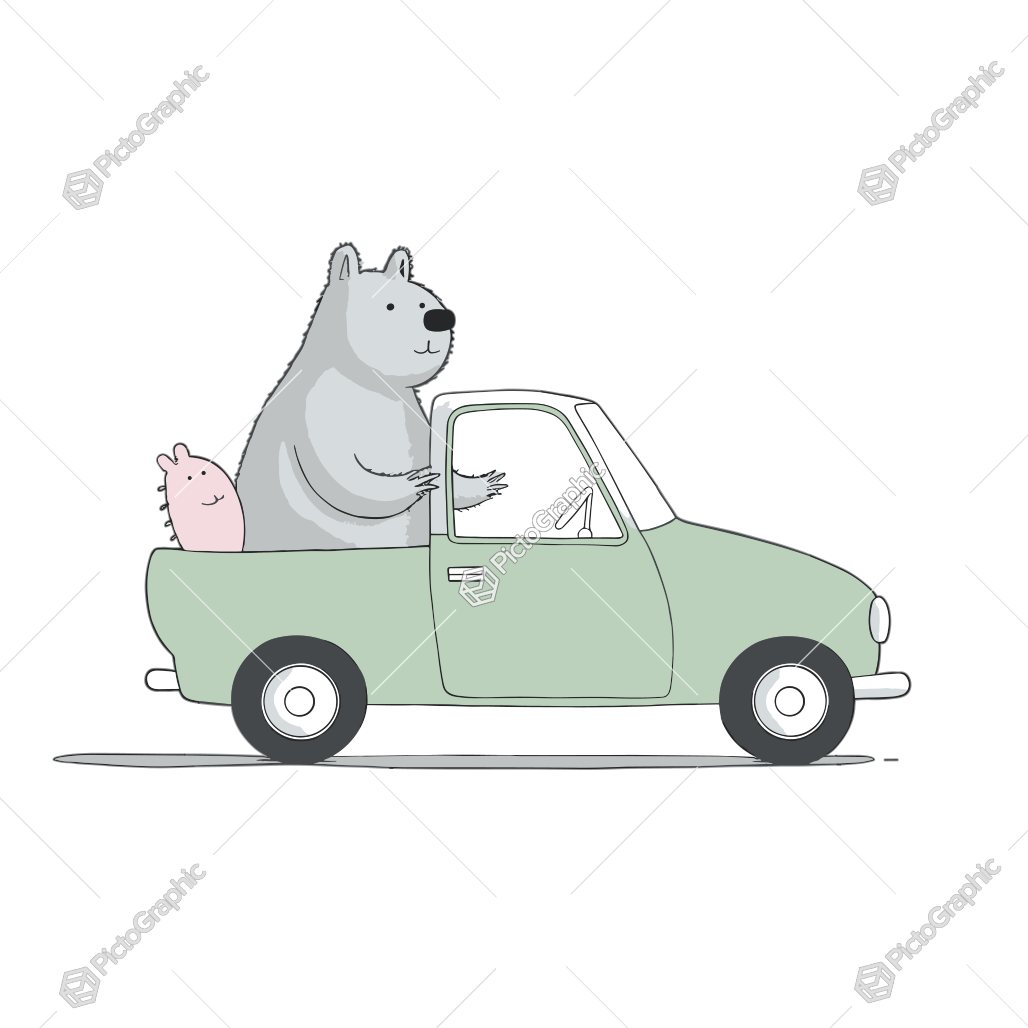 A bear is driving a green pickup truck with a pig sitting in the back.