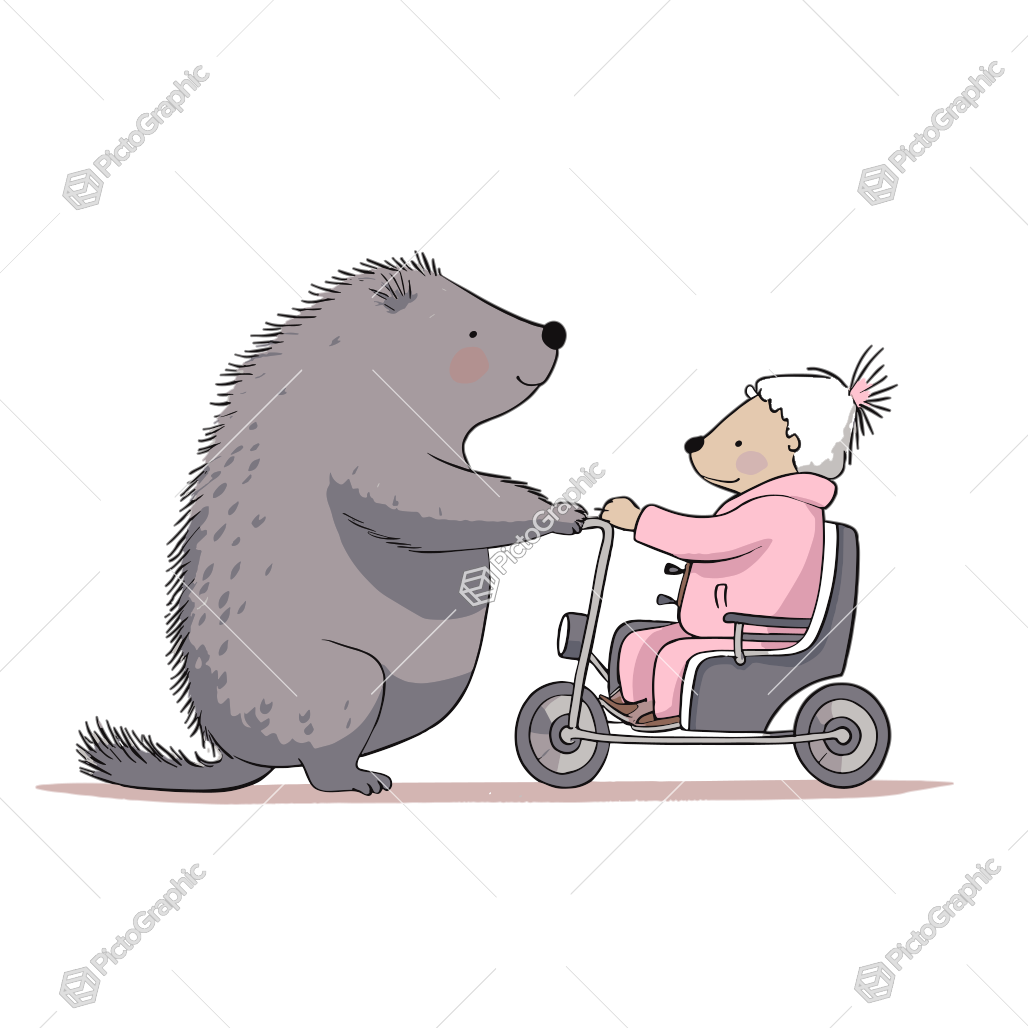 Two anthropomorphic animals, a hedgehog and a bear, are interacting with the bear sitting on a scooter and the hedgehog standing beside it.