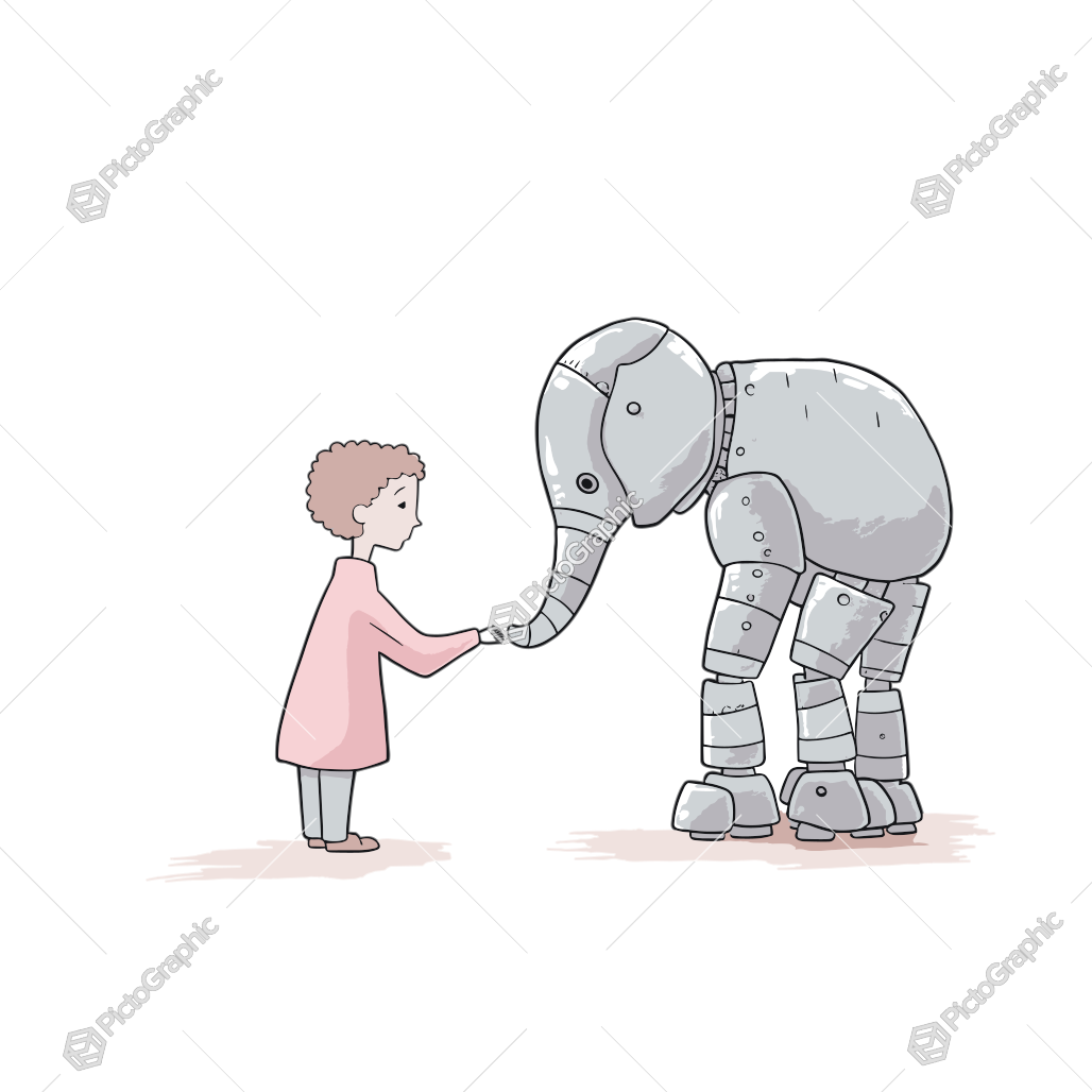 A child is holding the trunk of a robotic elephant.