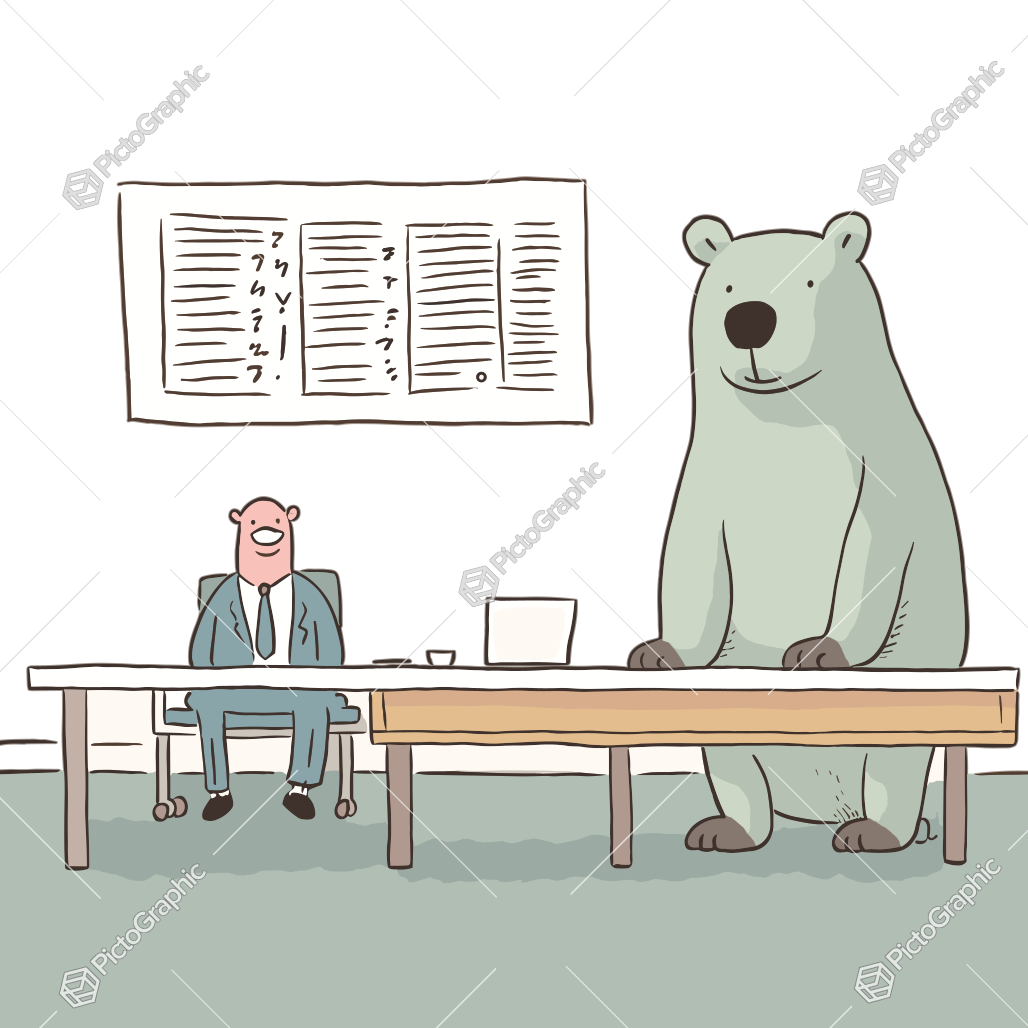 A cartoon pig in a suit at a table with a large bear standing beside it in an office.