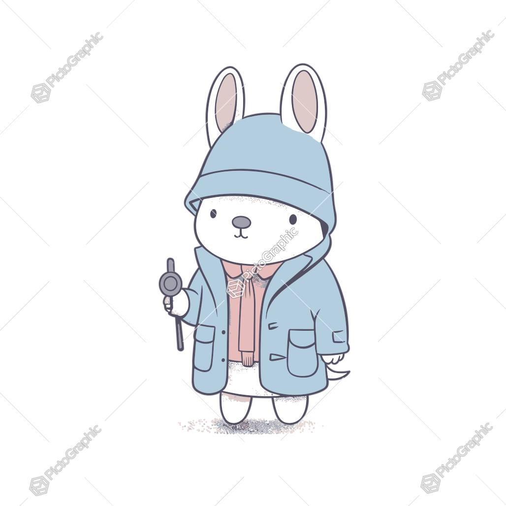 Illustration of a rabbit-like character dressed in a coat and hoodie, holding a stopwatch.