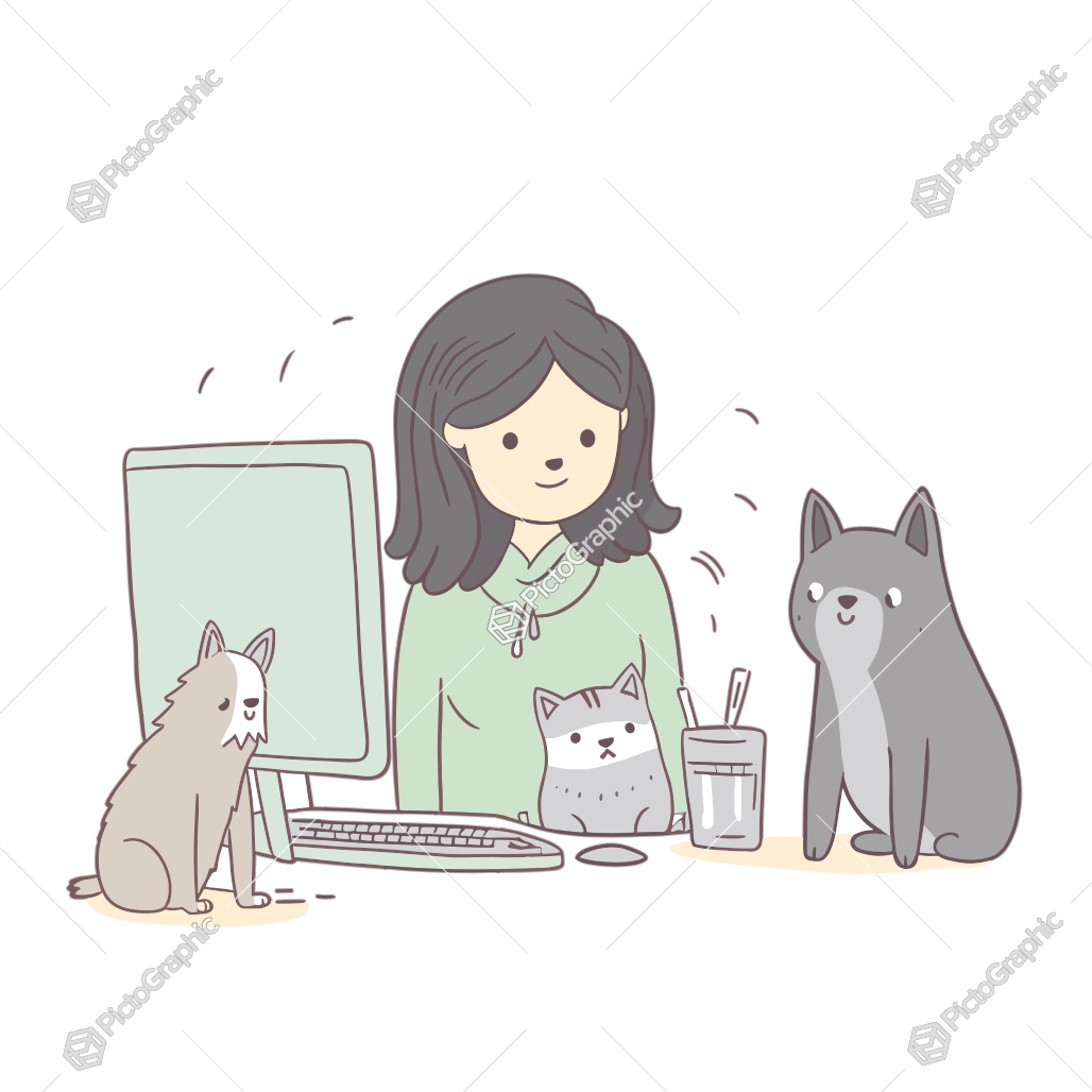 A woman working at her desk accompanied by two cats.