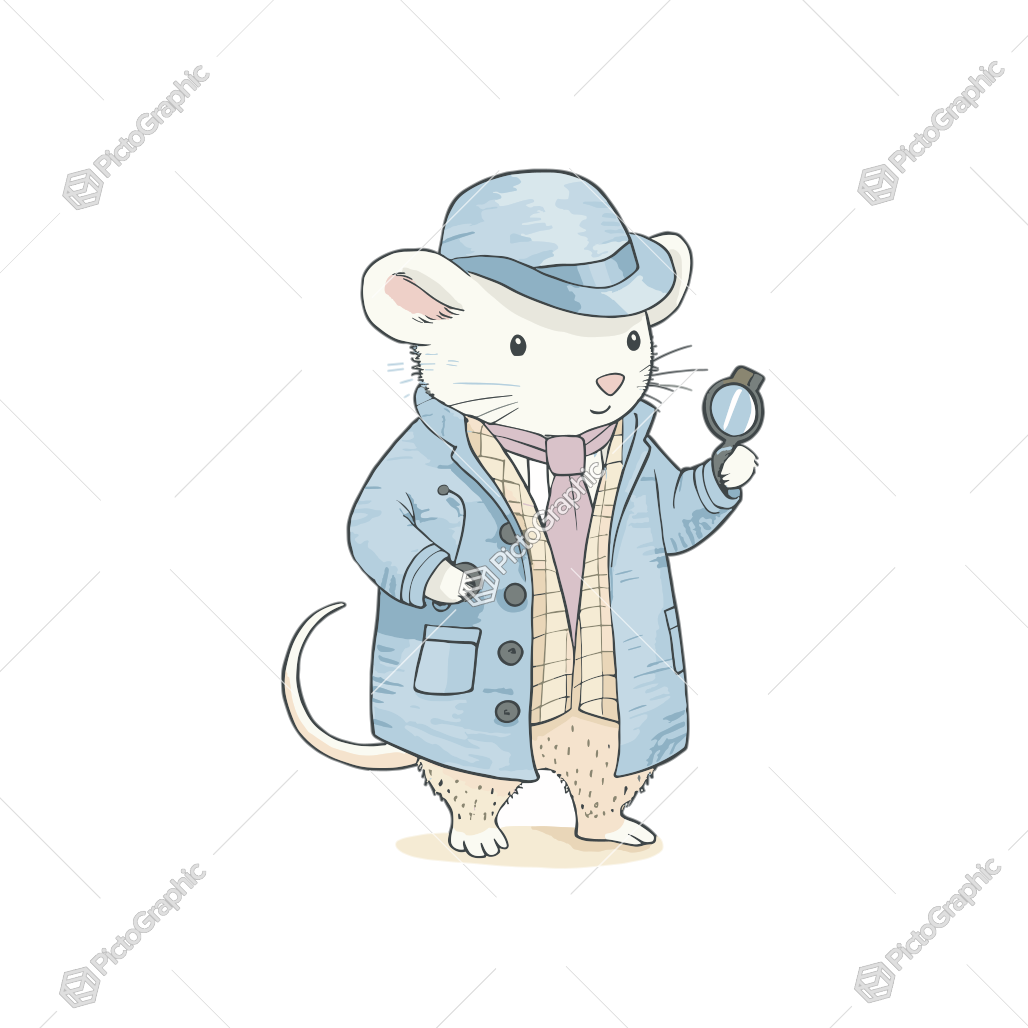 An anthropomorphic mouse dressed as a detective holding a magnifying glass.