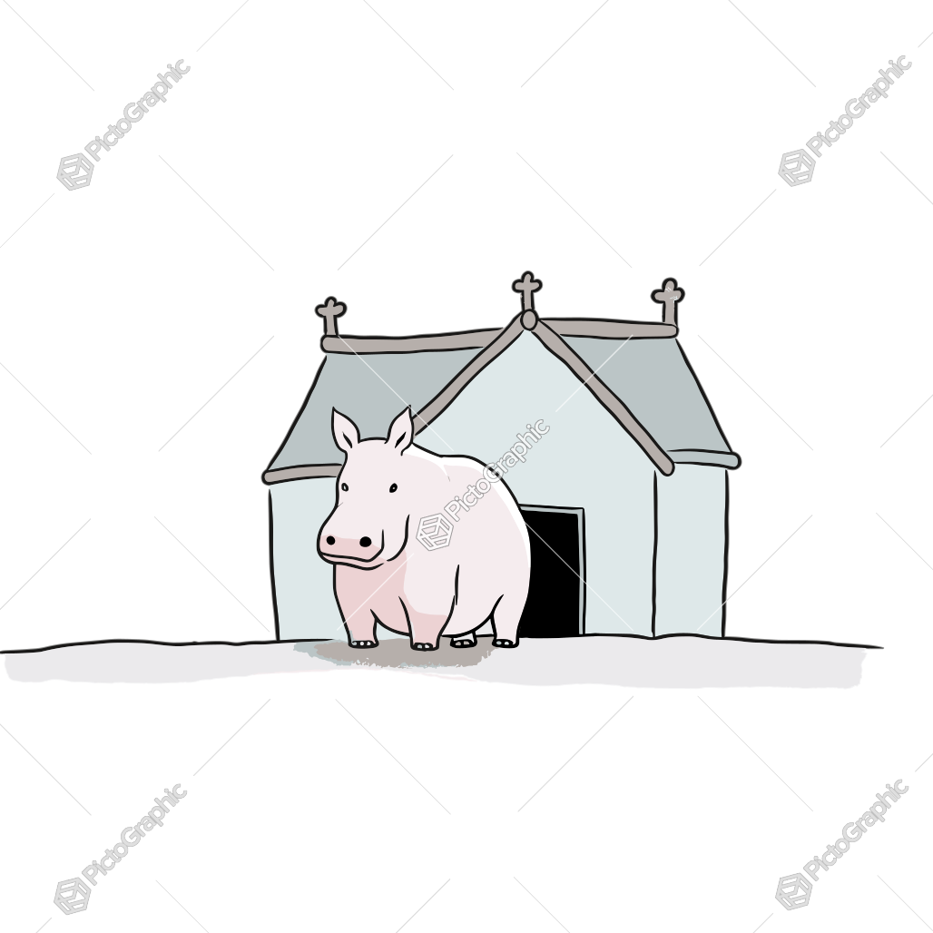 A pig next to a house.