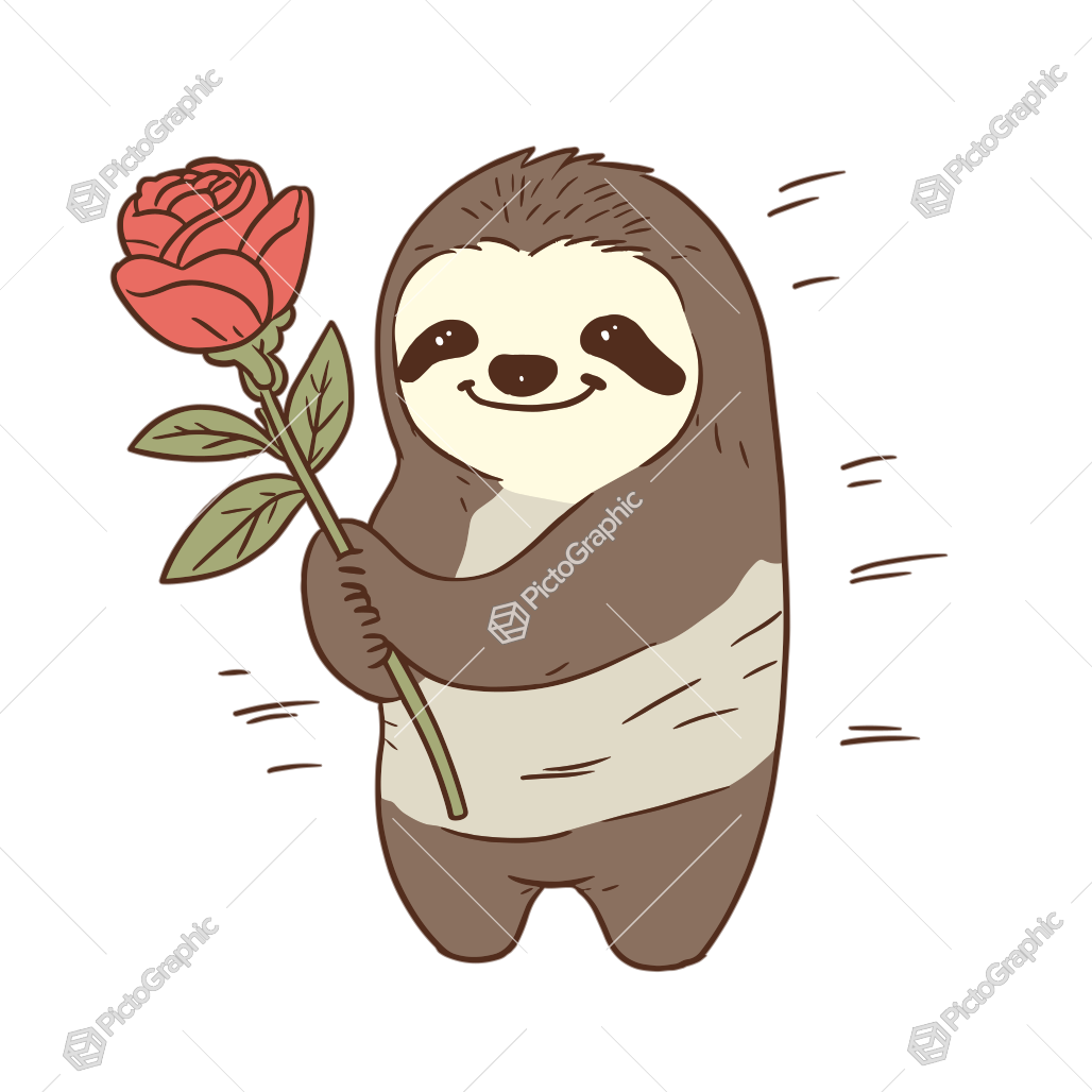 A smiling cartoon sloth holding a rose.