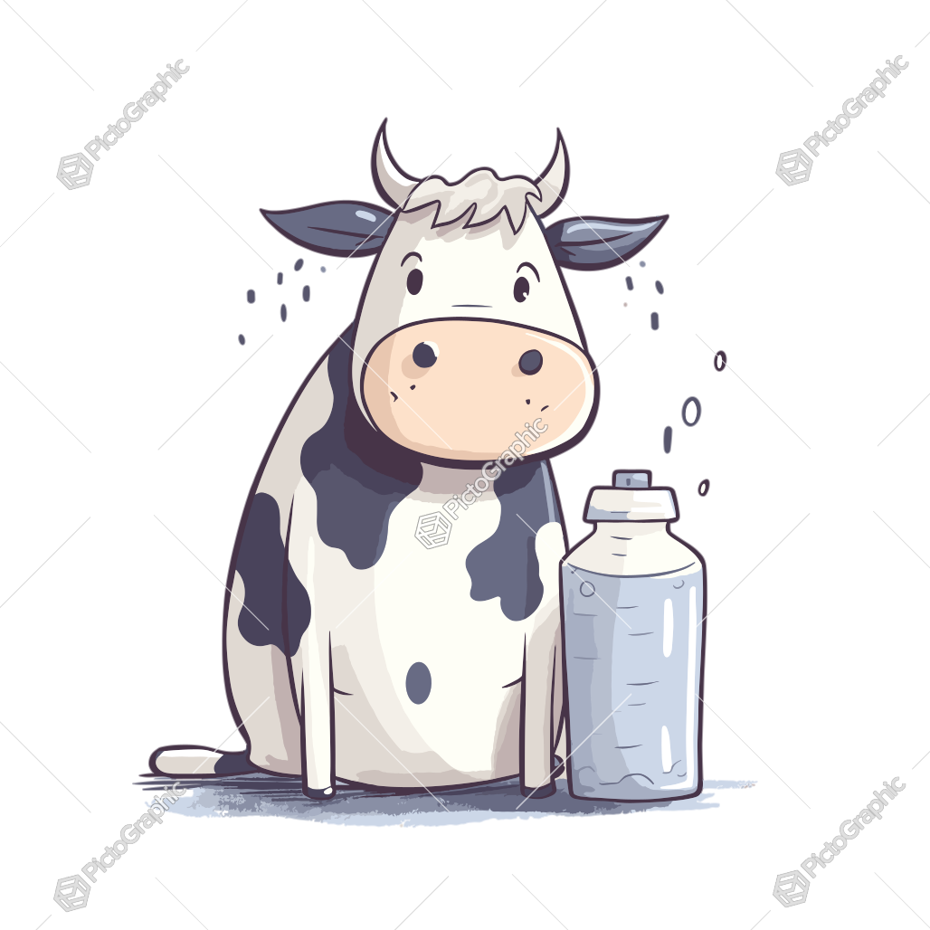 A cartoon cow next to a milk bottle.