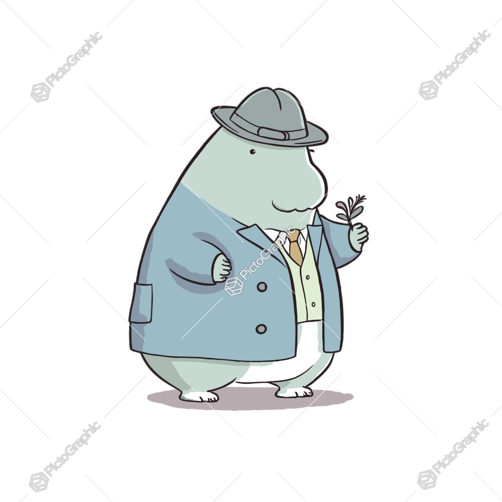 An anthropomorphized animal character dressed in sophisticated clothing and holding a small plant.