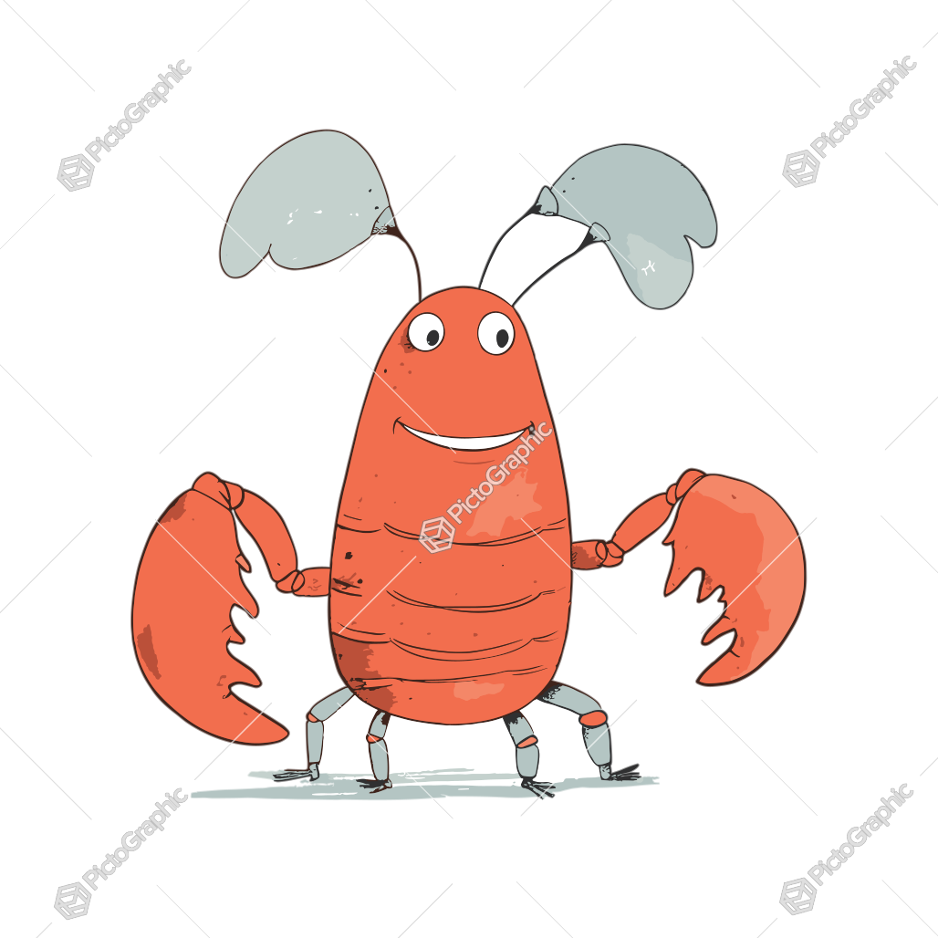 The image contains a whimsically drawn, smiling cartoon lobster standing upright.