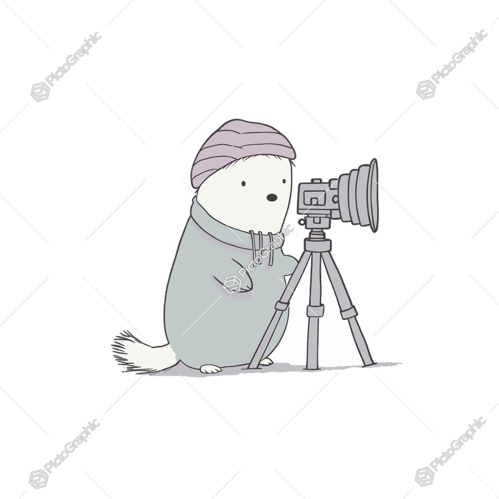 A cute anthropomorphized animal dressed in human clothes is using a camera on a tripod.