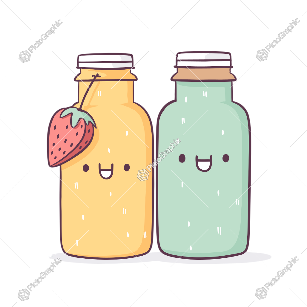 The image shows two anthropomorphic jars with happy faces, one with a cartoon strawberry and each filled with a different colored substance.