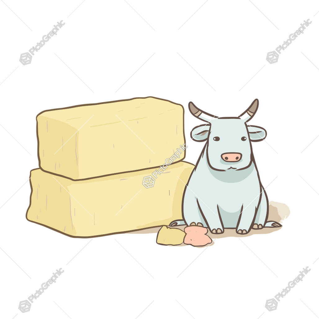 A cartoon cow sitting by blocks of cheese.