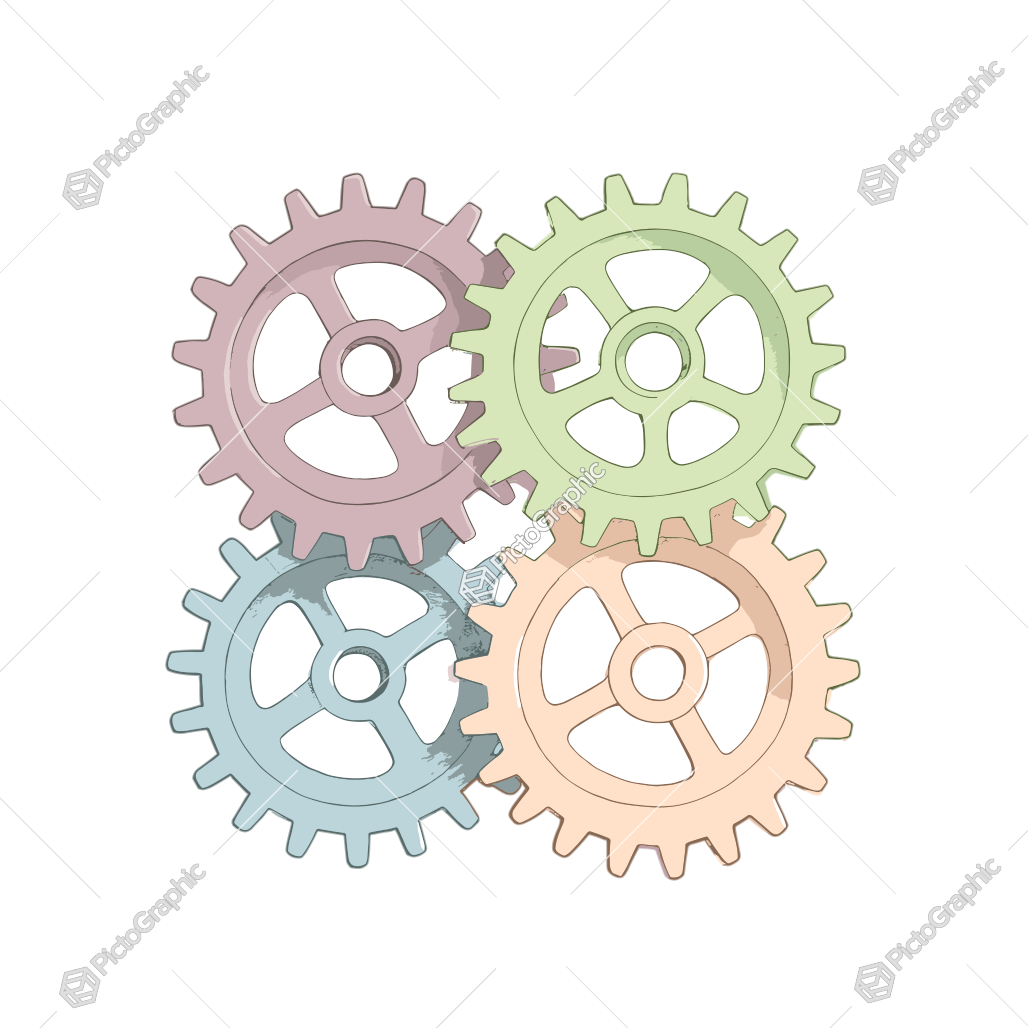 The image features pastel-colored interlocking gears