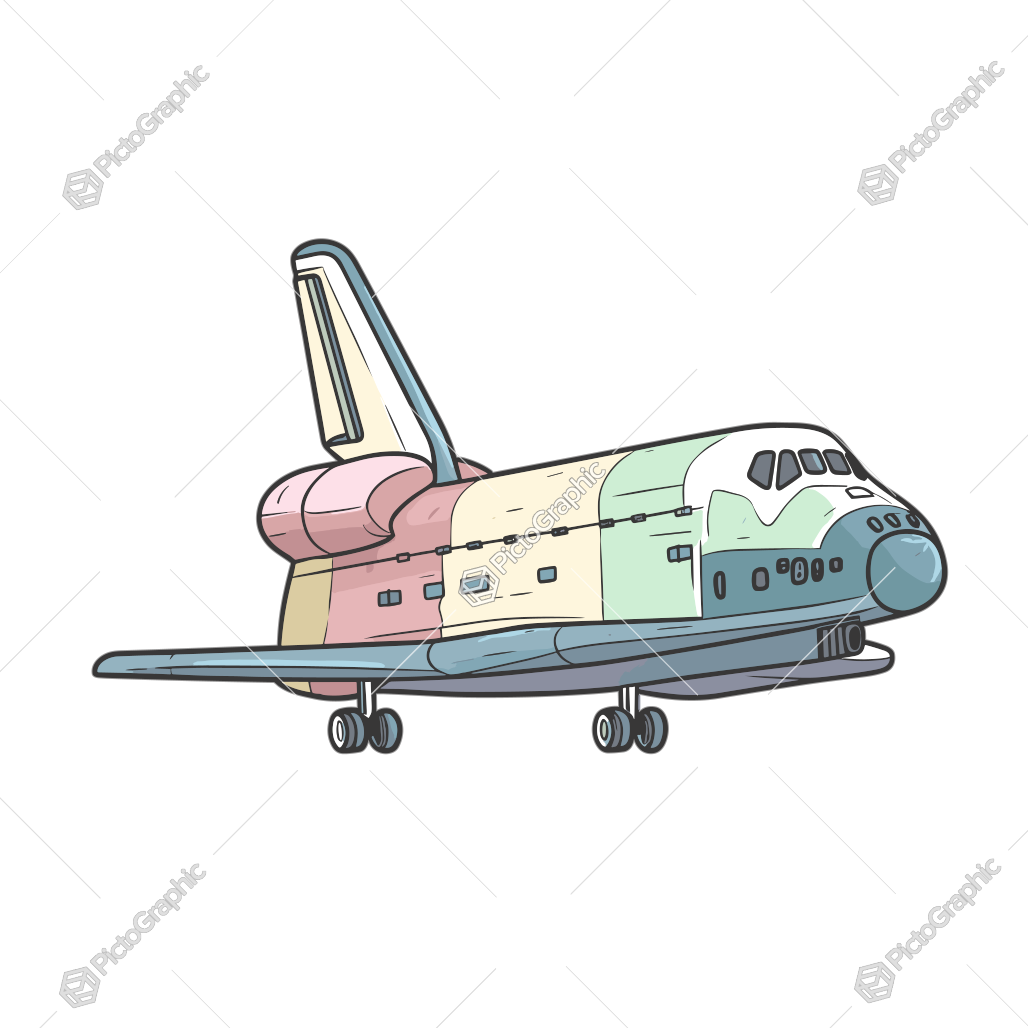 An illustrated space shuttle with pastel colors.